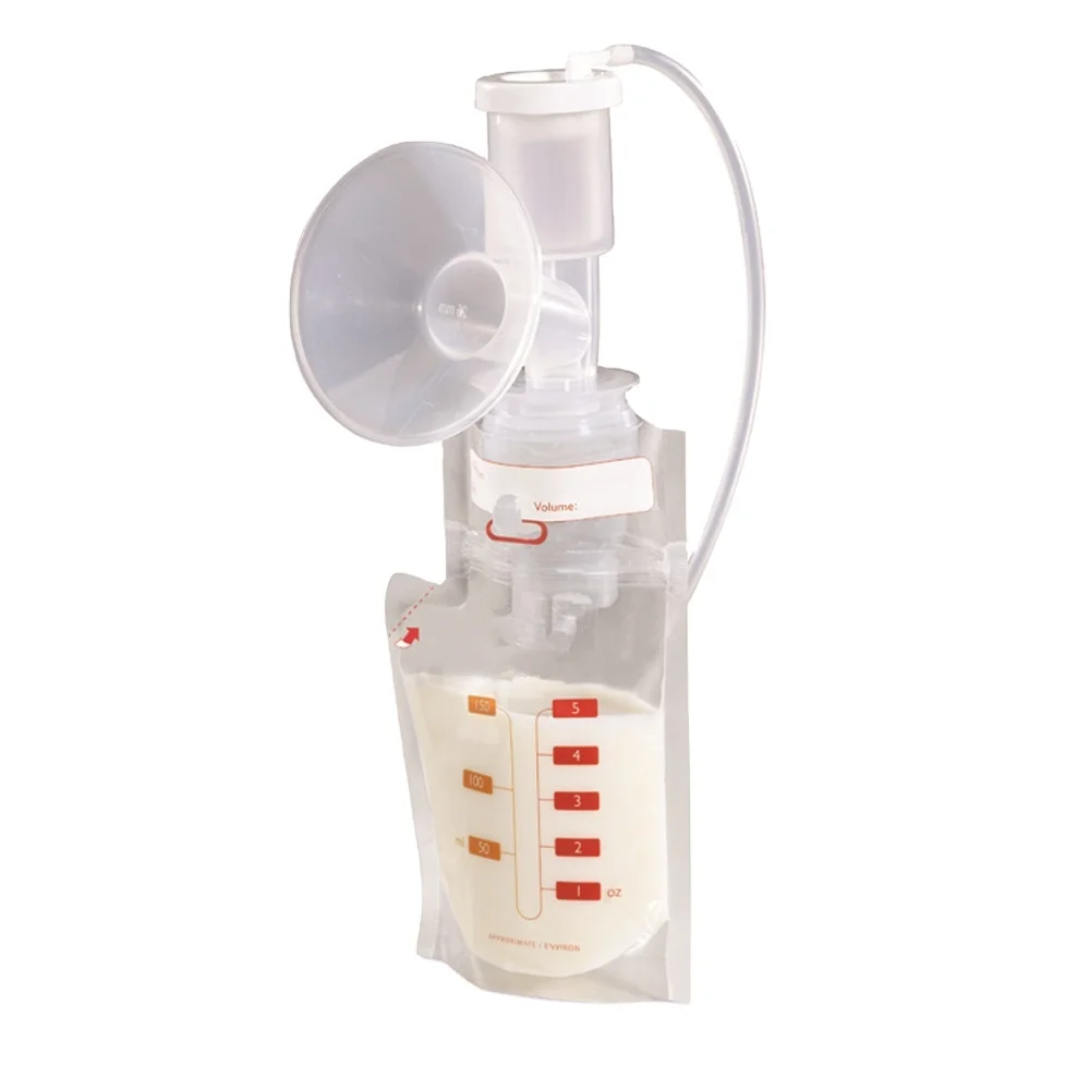 Spout breast milk storage bag used with pump and adapters