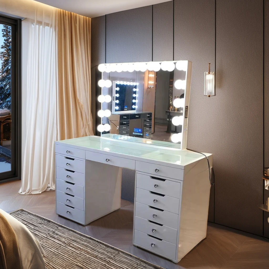 Custom Luxury Modern Wooden bedroom dressing table Girls Makeup Table makeup vanities with light Mirror and Drawers