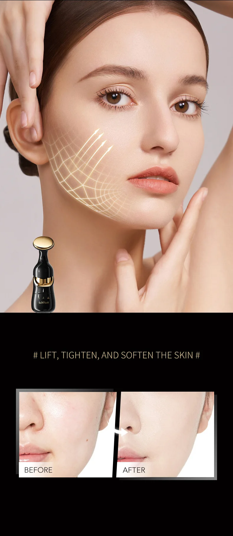 3 in 1 Gold Black Home Use Skin Rejuvenation Anti-Aging Device Facial Eye Massage Introducer Face & Neck Lifting Massager