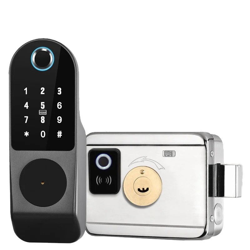 stainless steel electronic main smart automatic outdoor double cam finger print safe door dual fechadura digital rim gate lock