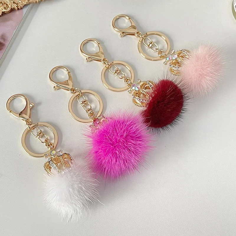 2022  Mink Hair Ball Pompom Crown Diamond  Keychain Lady Bag Accessories Metal key chain  Gift Bag Decoration Pendant