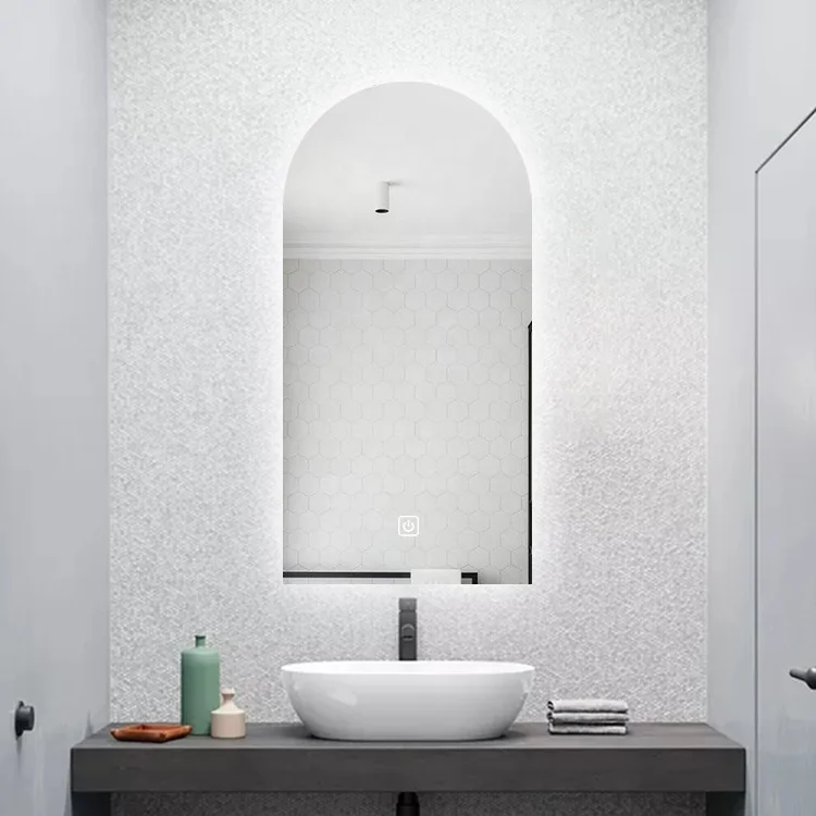 Design Arch Door Mirror with Led Light Bathroom Decorative Wall Mirror Time Demister