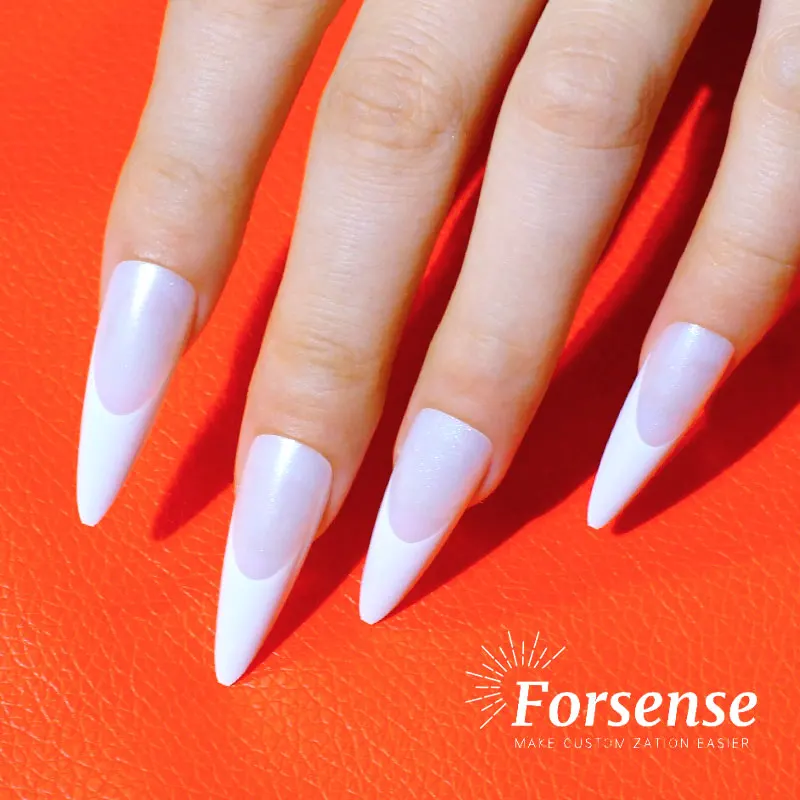 wholesale simple white french tip fake nails with glue bulk long stiletto press on nails bride wedding false nail art designs