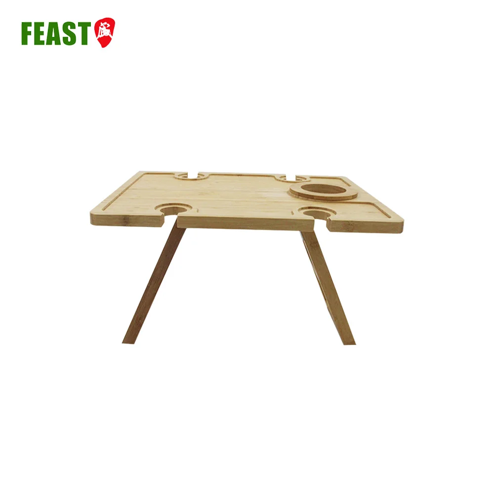 Original Wooden Bamboo Picnic Snack Table Folding Portable  Table Holder With Wine Holder And Wine Glass Holder