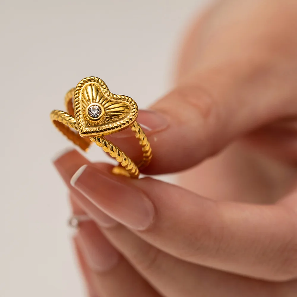 Hongtong D1-8 из нержавеющей стали 18K позолоченное сердце Блестящий Циркон двухслойные Роскошные модные ювелирные кольца
