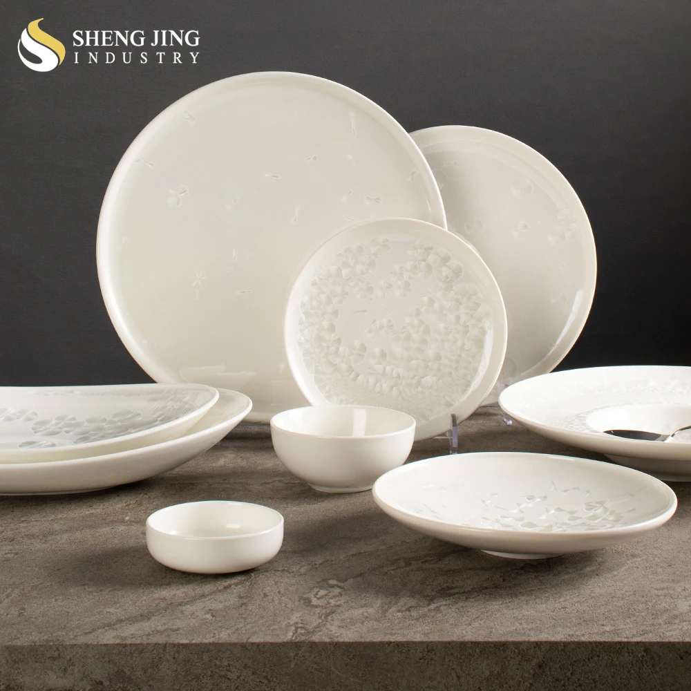 Sustainable White Ceramic Plates for Dinnerware Kilnformed Crystallized Snowflake Pattern Porcelain Restaurant Tableware Stocked