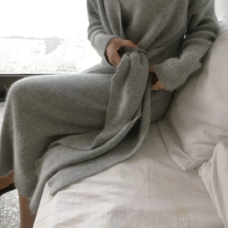 YT Winter New Belted Cashmere Sweater Dress Women Fashion Office Lady V Neck Korean style Knitted Dress