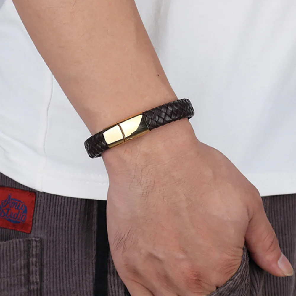 Fashion Genuine Leather Bracelet Wholesale Customize Handmade Stainless Steel Magnetic Clasp Jewelry Bracelets for Men