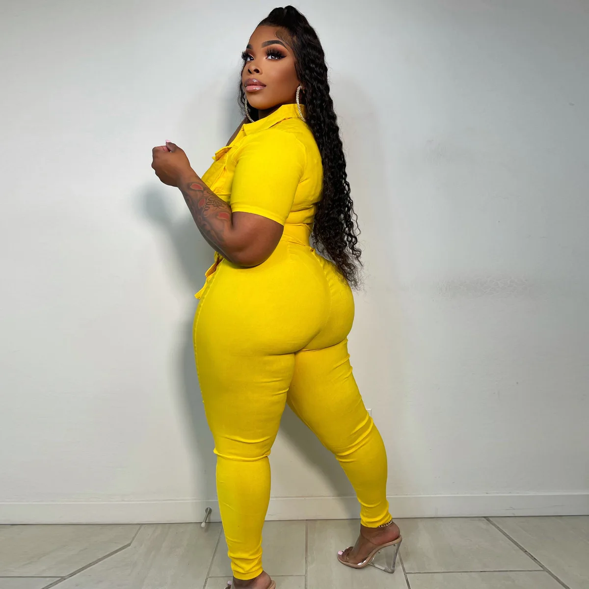 4x plus size jumpsuits with packet women playsuits with zipper Solid color short sleeve bodysuit