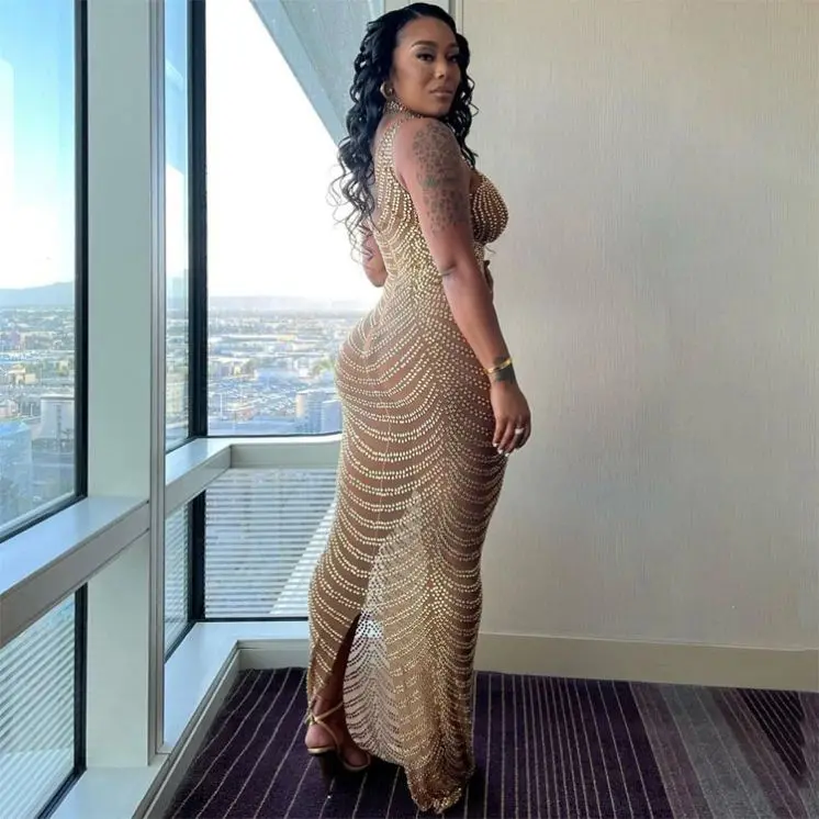 party dress fashion hot drill see-through floor skirt summer 2022 new arrivals Ladies sexy backless night club