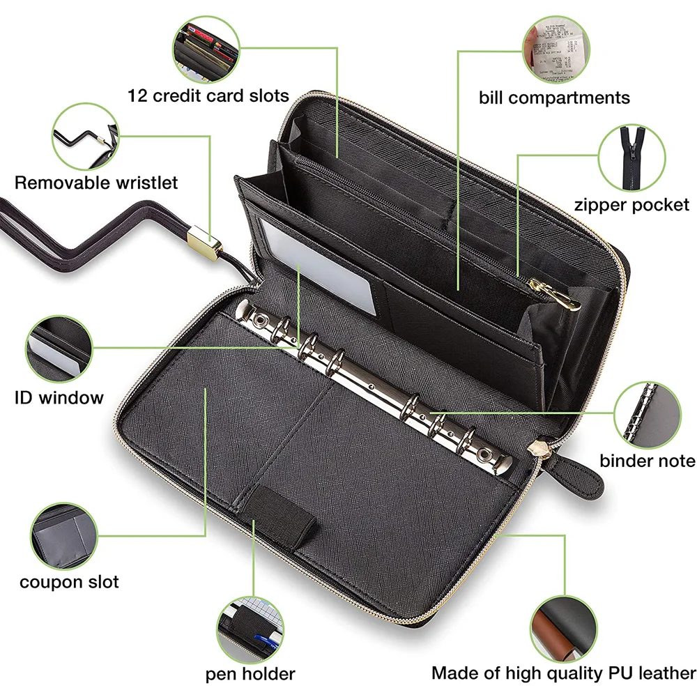 Women Cash Envelope long Zipper Saffiano Leather Multi-function Clutch Budget Wallet with A6 Binder