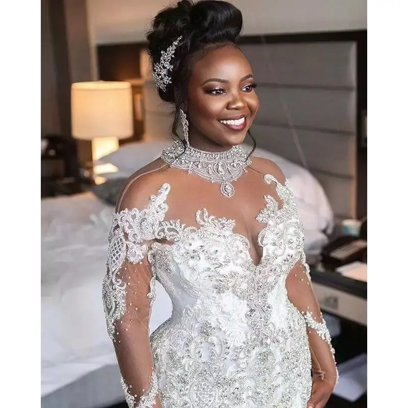 Nanchang Auyan Spring Elegant pearl long sleeve lace sequin white bridal mermaid long sleeve Wedding Hemline Dress