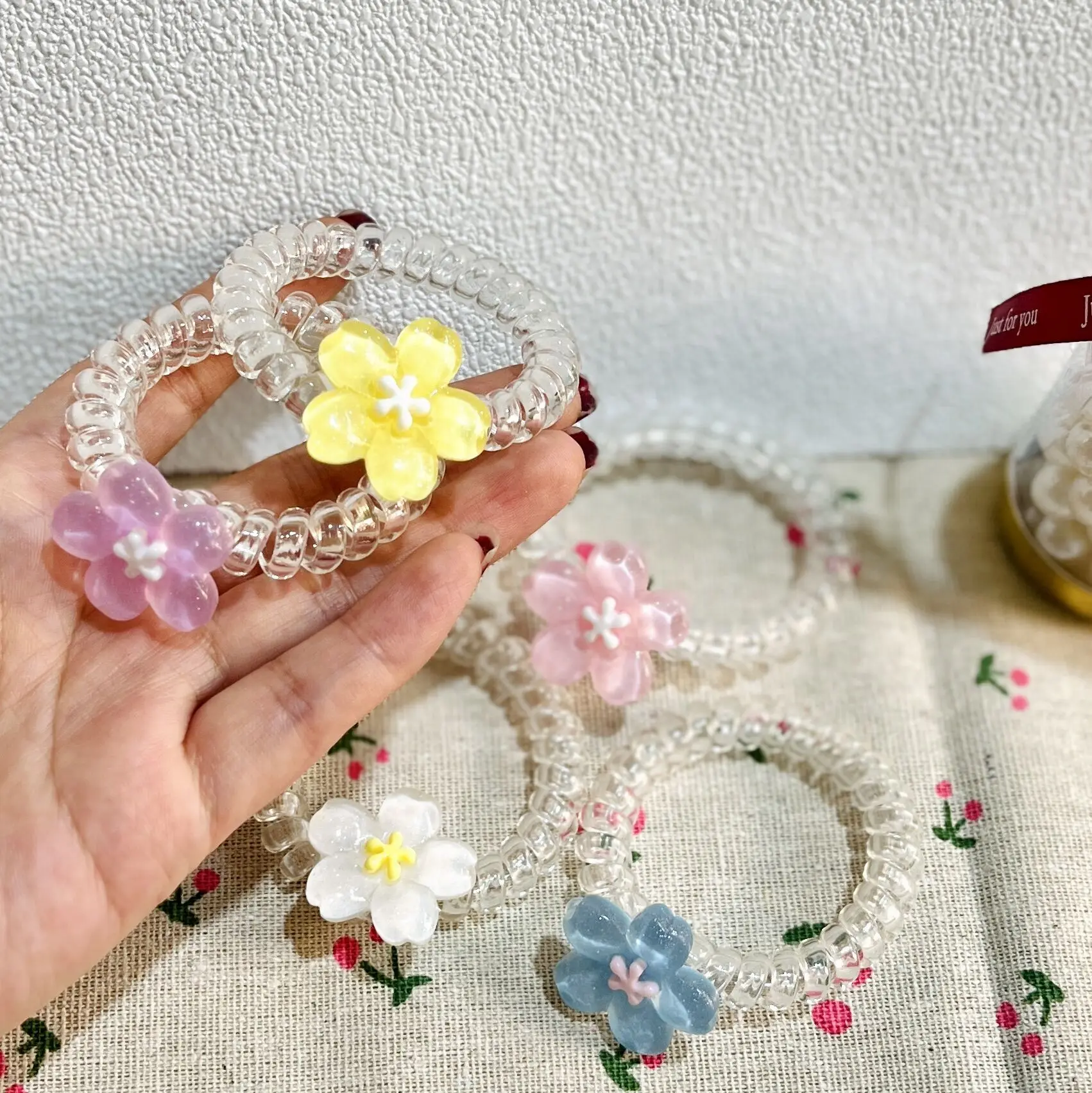 Cherry Blossom Phone Line Hair Tie Transparent New High Elastic Sweet Small Flower Fresh Headband Versatile Outer Wear Hair Rope