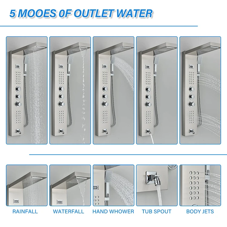 Wall Mount Bathroom Rain Head Shower Column Panel Faucet Tap Thermostatic Digital Display Mixer Shower Set