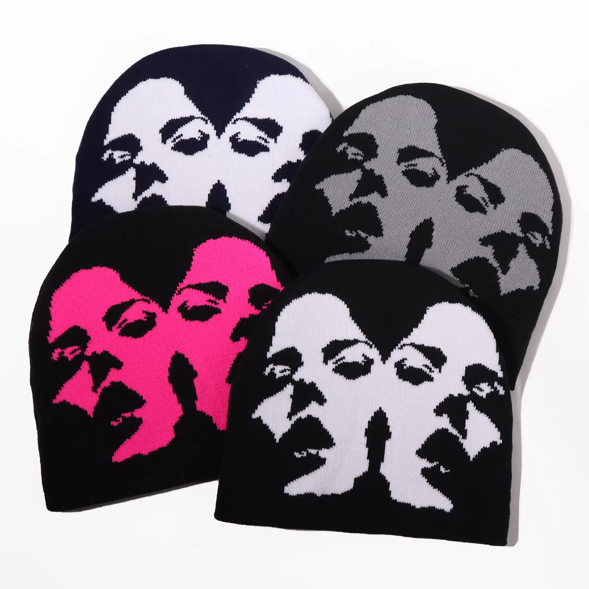 Custom Y2k Beanies Hats All Over Logo Knitted Jacquard Winter Skull Beanie