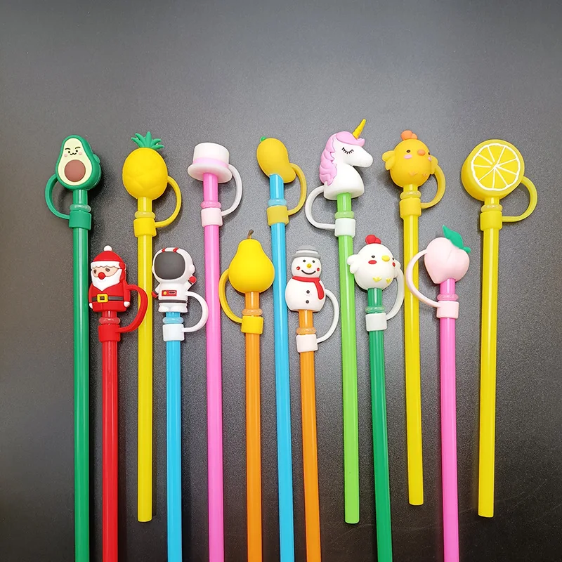 Straw Covers 8mm Lovely 3D Custom Drinking Straw Charms Dust Proof Straw Toppers for Cups Hot Sale PVC 1 Piece Silicone Opp Bag