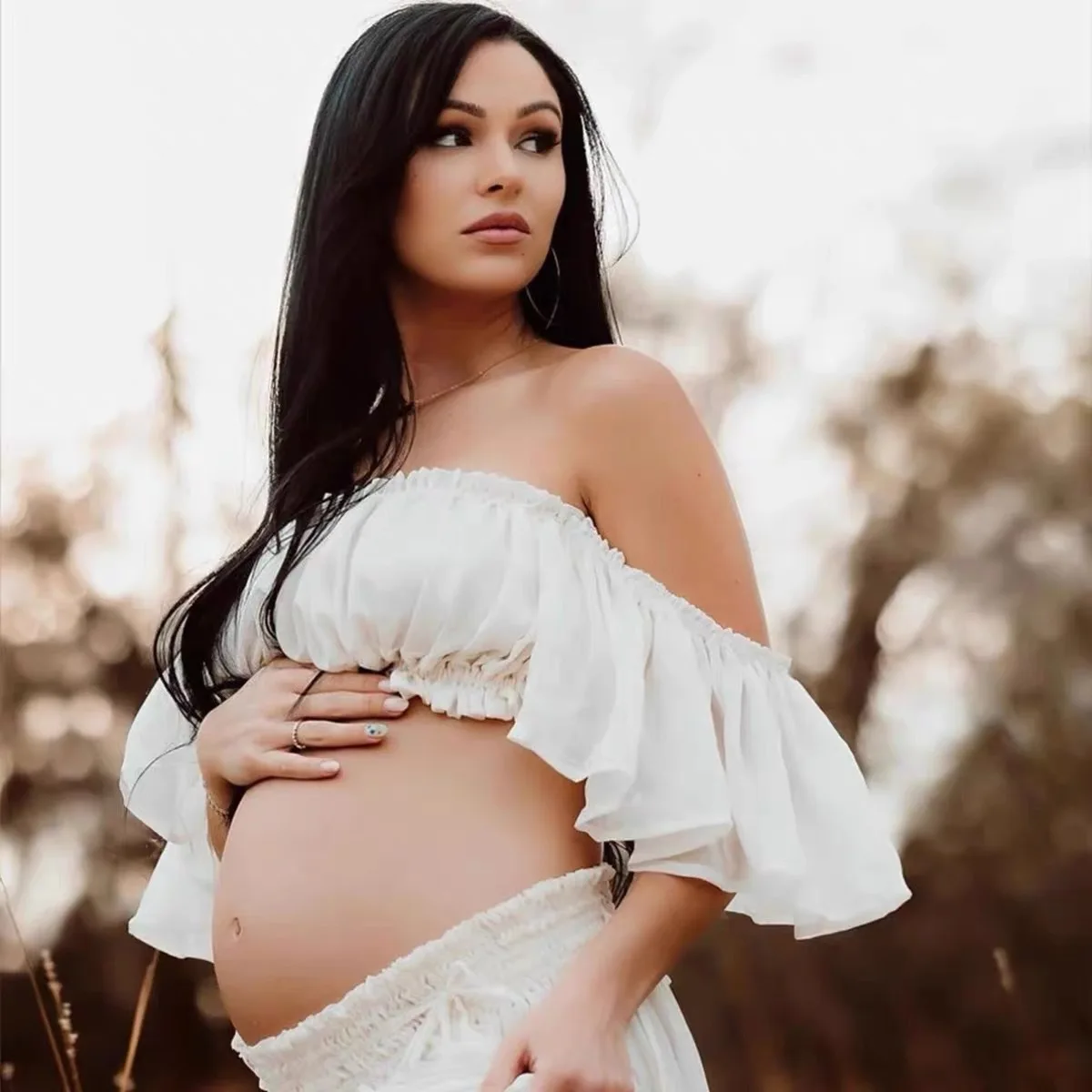 Maternity Dresses Off-shoulder White Photography 2 Pcs Suit Elegant Casual Chiffon Pregnancy Photo Shoot Women Long Slit Dress