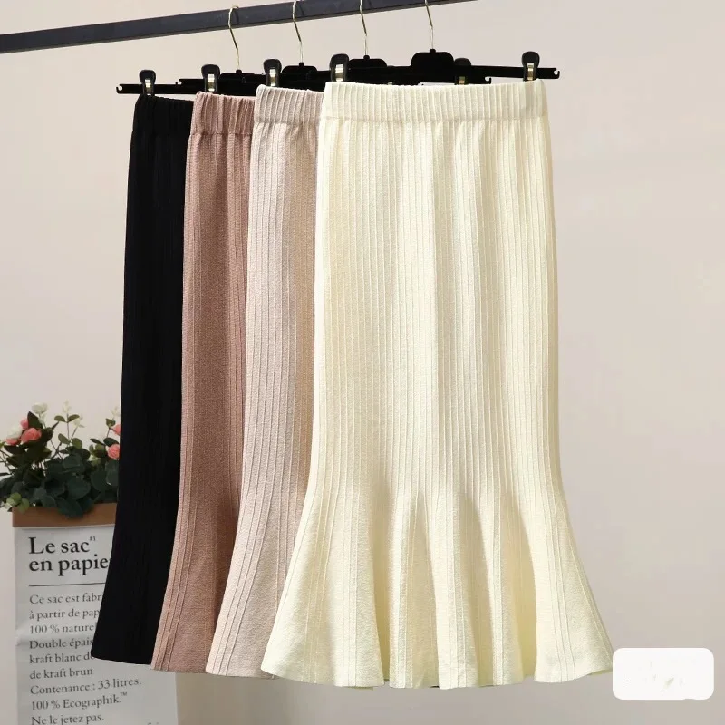 2023 Autumn Fashionable Women High Waist Loose Hip Grid Pleated Knit Fishtail Midi Dress Swearer Skirt