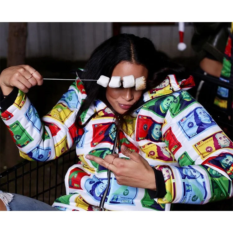 
2021 New Style Wholesale Hat Detachable Color Dollar Bill Printing Coat Hooded Down Jacket Winter Coat For Women With Best Price 