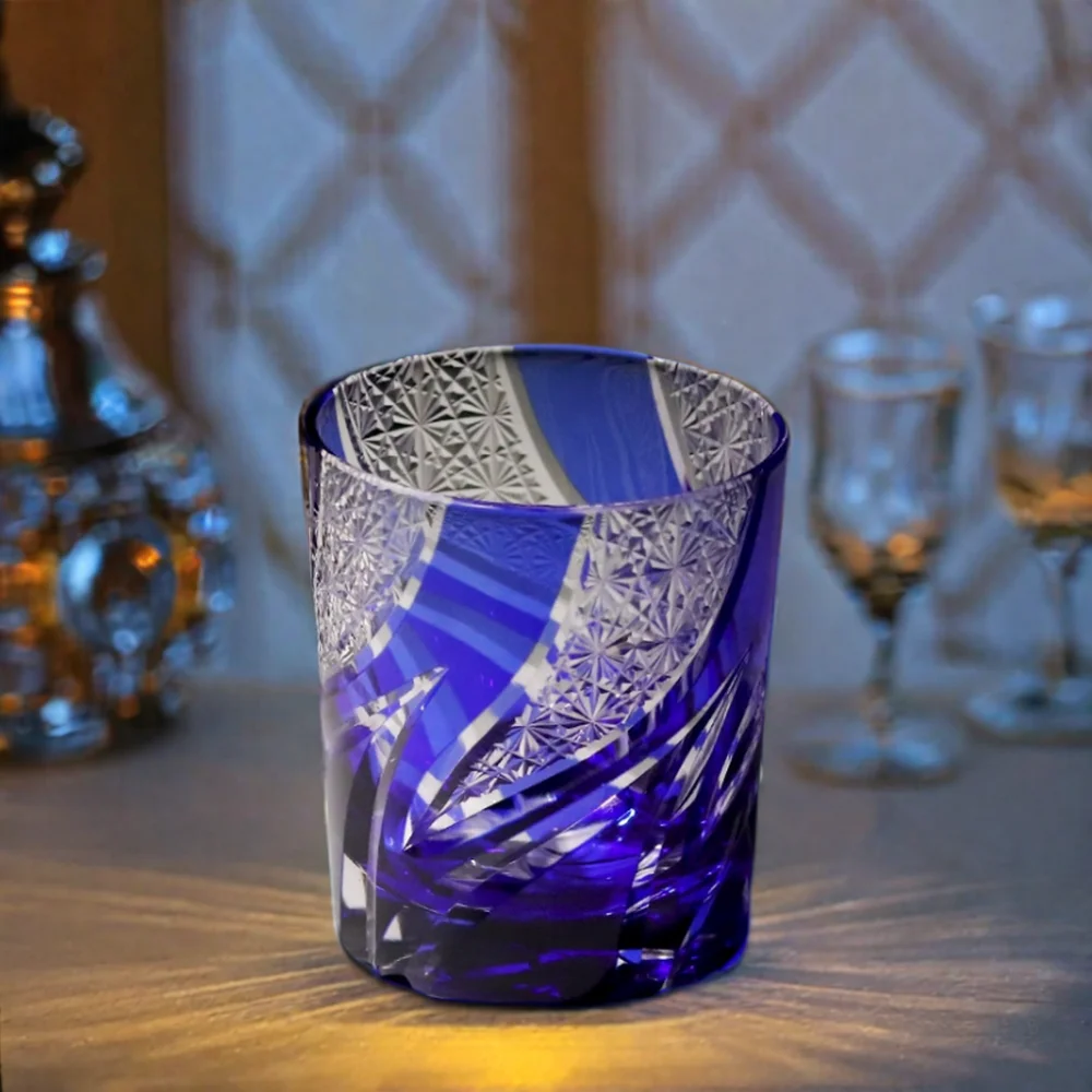 Kiriko Style Blue Clear Hand Carved Custom Color 250ml 8oz Japandi Design Drinking Glass for Wine Whiskey Sake & Cocktail
