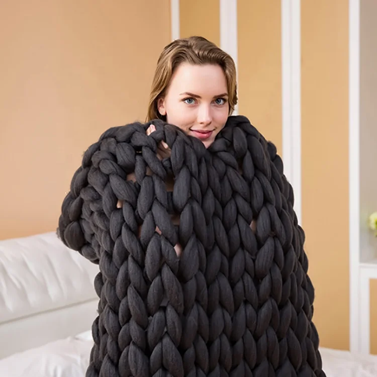 
Wholesale Dropship Adults Black Chunky Knit Wool Swaddle Throw Blanket 