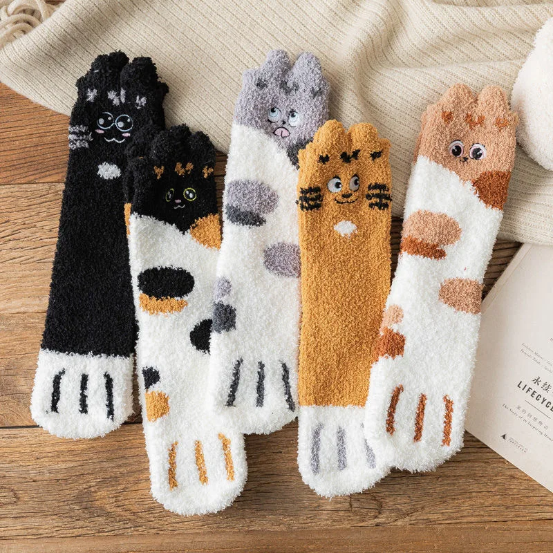 Cat paw socks good fortune cat winter plush thick plush embroidery warm floor socks tube sleep fuzzy socks