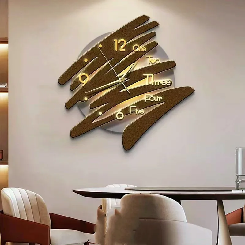 New Trend Modern Abstract green orange uv cutting edge hand-crafted wall home LED with clock decor for living room wall decor
