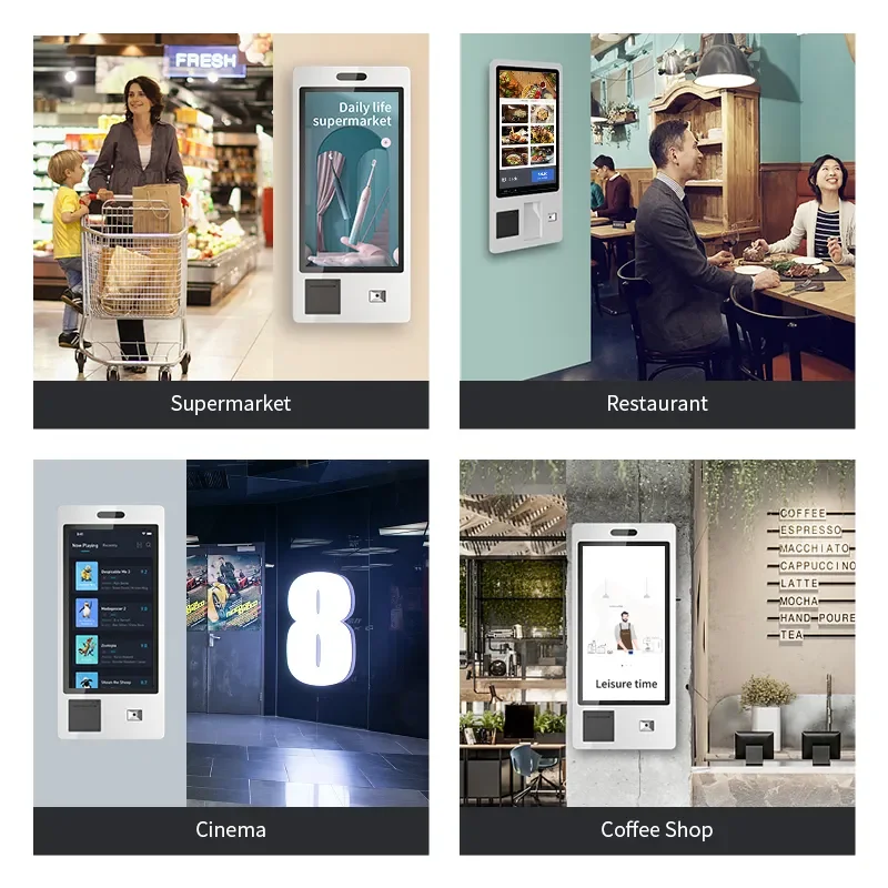 self ordering kiosk QR code or barcode scanner 24 24 32 inch wall mount multi touch screen restaurant kiosk