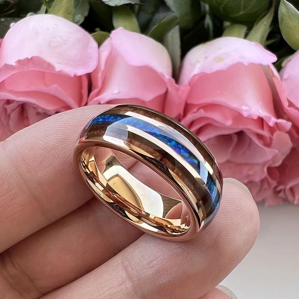 Coolstyle Jewelry 8mm Blue Opal Koa Wood Inlay Rose Gold Tungsten Carbide Ring for Men Women Fashion Wedding Band Comfort Fit