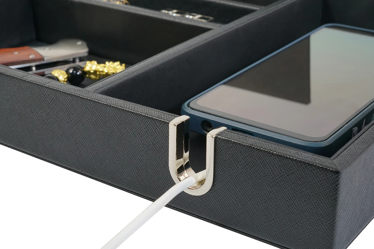 Sonny Black Leather Nightstand Organizer Catchall Dresser Top Storage Mens Valet Tray with 5 Compartments