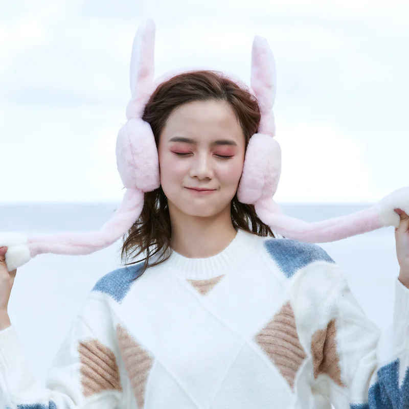 Женские теплые зимние наушники Tik Tok, уличные длинные плюшевые наушники в виде кролика