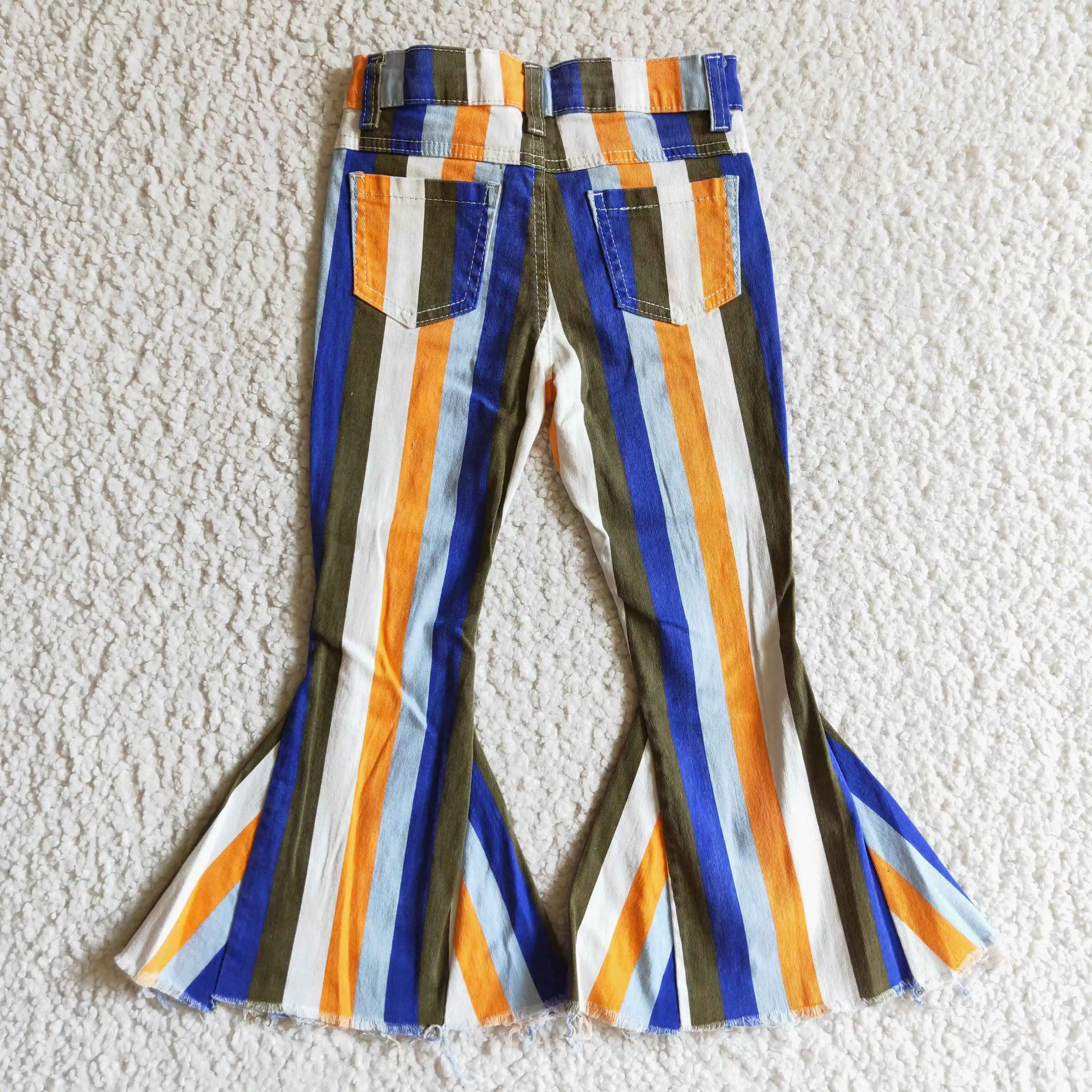 Fashion Colorful Striped Elastic Bell Bottoms Denim Pants Wholesale Children Boutique Trousers Kids Wear Girls Toddlers Jeans