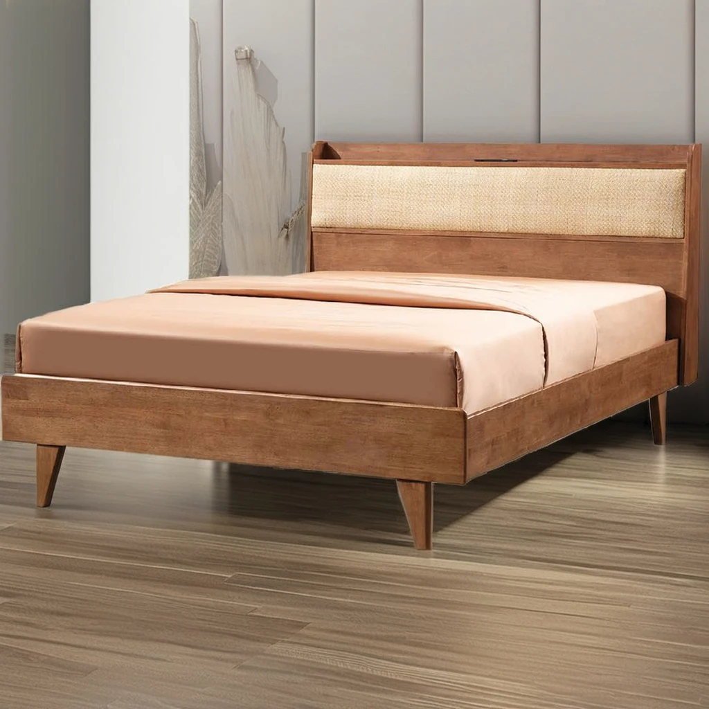 Rattan woven solid wood bed Frame Cheap Indoor Bedroom Furniture King Queen Double Soft Bunk Bed Natural Finish Color