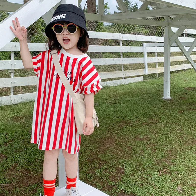 
New Fashion Infant Summer Short Girls Sleeve T- Shirt Dress Summer Striped Comfortable Dress Printing Girls T-shirt Dress 