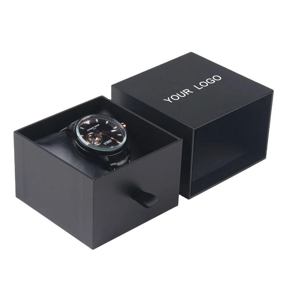 Hot Sale Stock Drawer Black Paper Watch Box Packaging Cardboard Sliding Watch Bangle Packing Box
