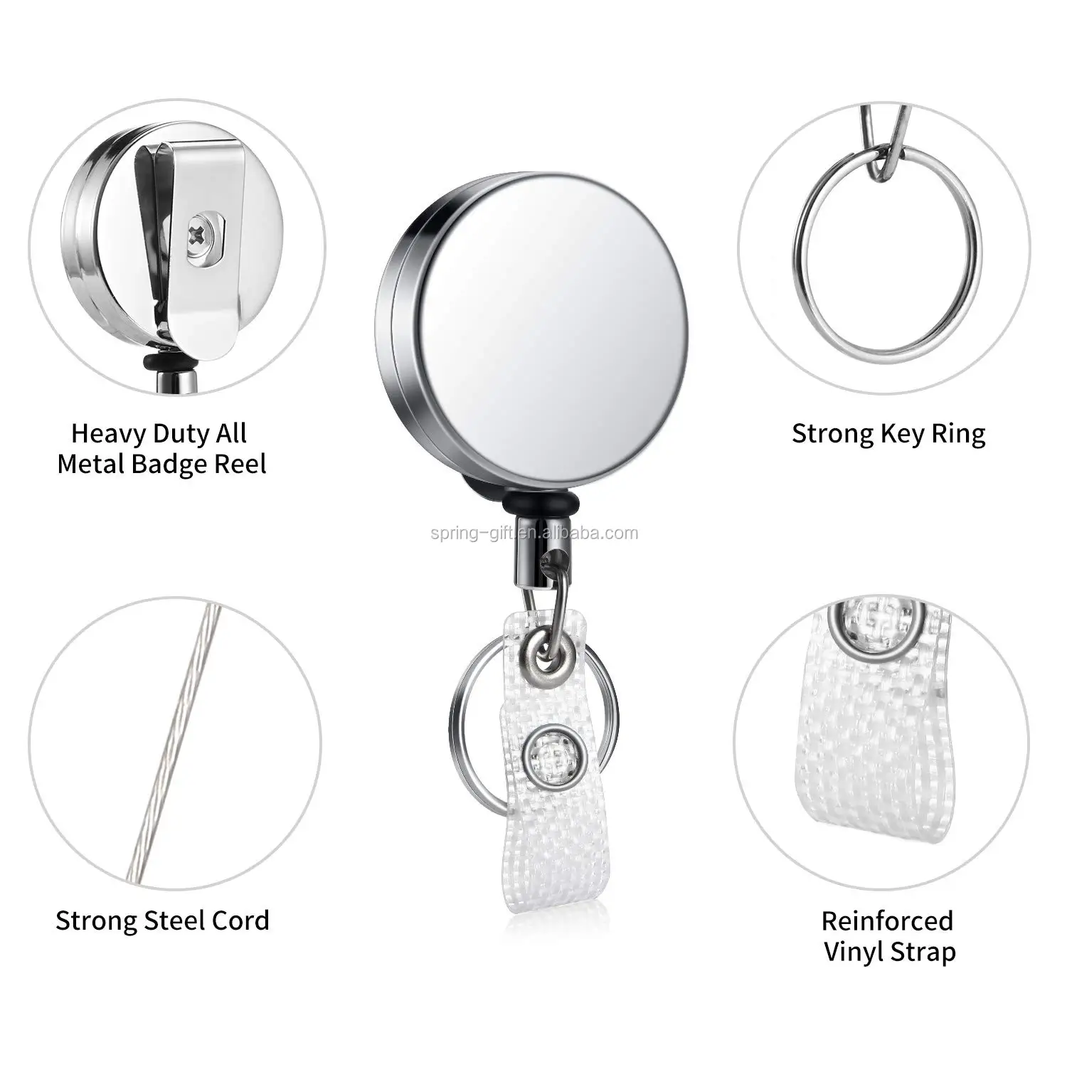 Hot Sale Silver Color 1.6 inch Zinc Carabiner Retractable Reel ID Badge Holder with Belt Clip for Name Card Keychain