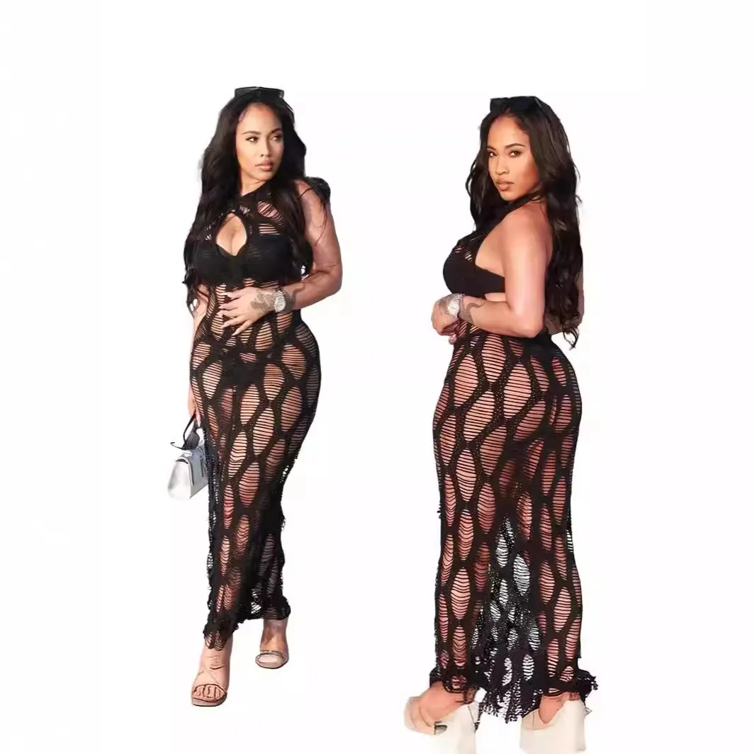 DL1214 Summer fashion sexy hand hook cutout strap halter halter beach dress