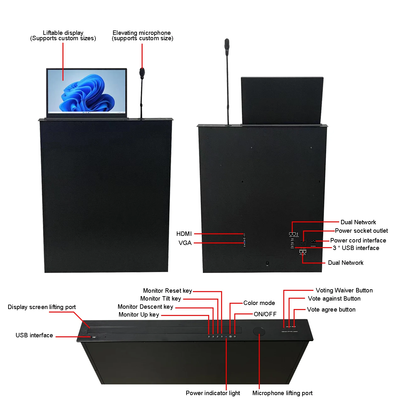 BNT 15.6 Inch Table Mount Touch Screen LCD Monitor Lift for Video Conference System for Interior Use