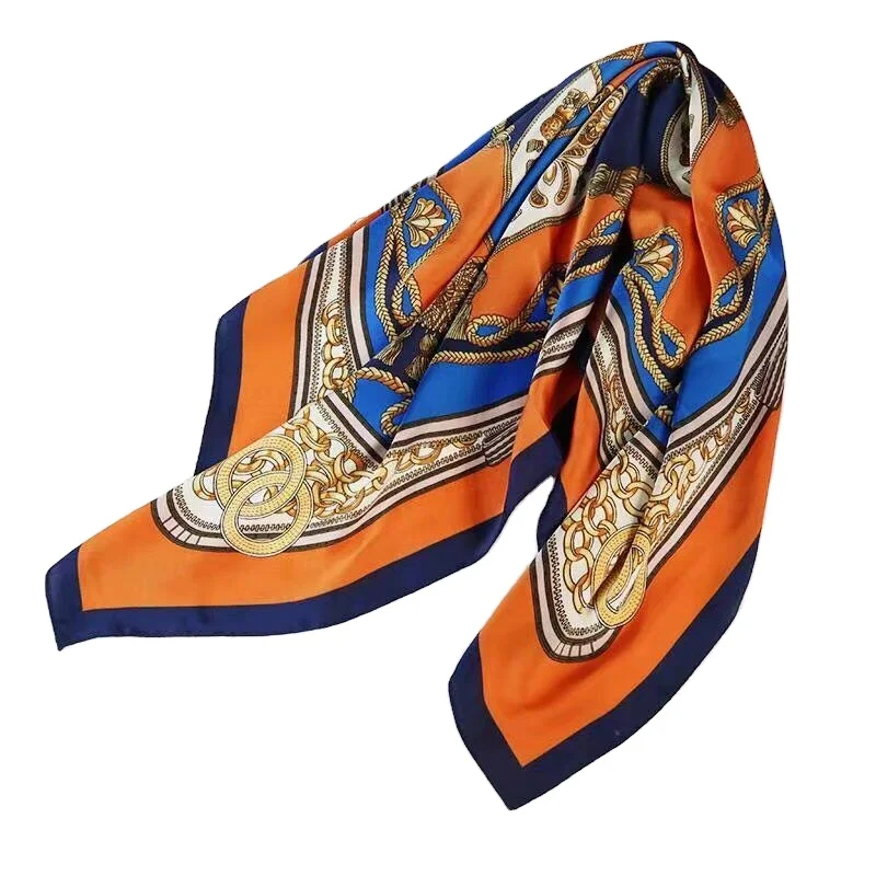 Chinese Custom Logo Digital Print Women Square 100% Silk Tassel and Chain Pattern Scarf