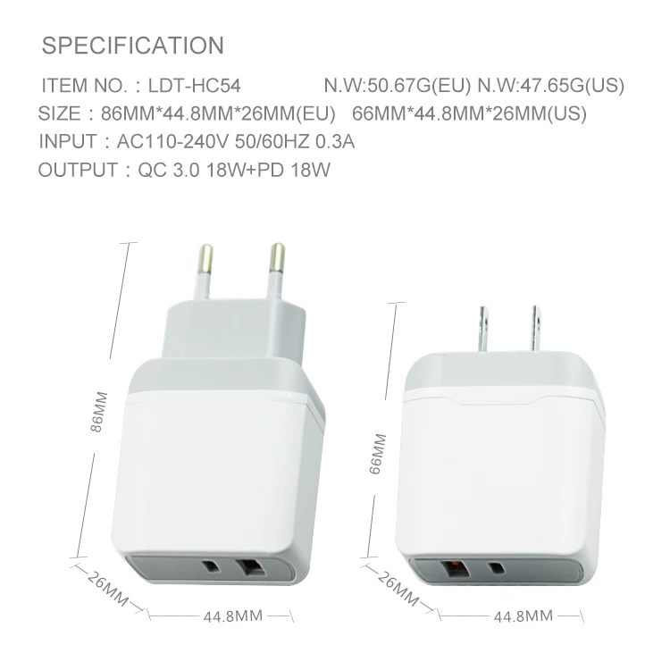 
Mobile Phone USB Wall Charger,QC 3.0 18w + USB 18w wall charger,For macbook charger pd Mobile Phone Charger 