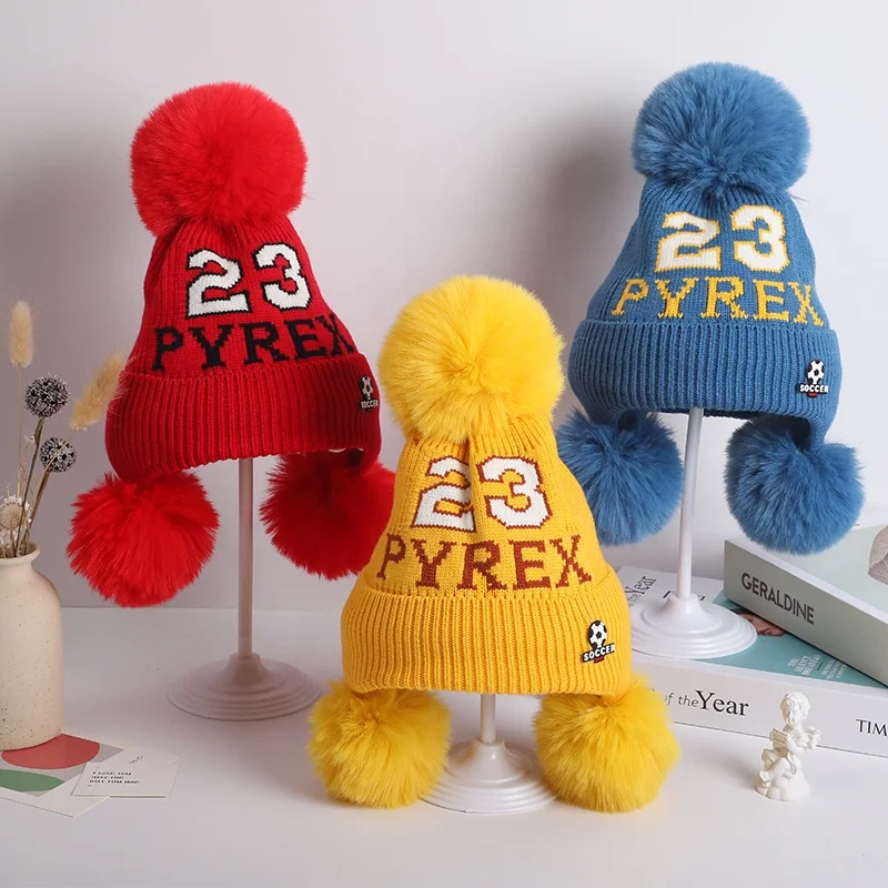 Kids Winter Sports Beanie Fluffy Fleece Plush Knitted Baby Ear Hooded Ski Cap Three Pom Pom Large Child Earflap Warm Beanie Hats