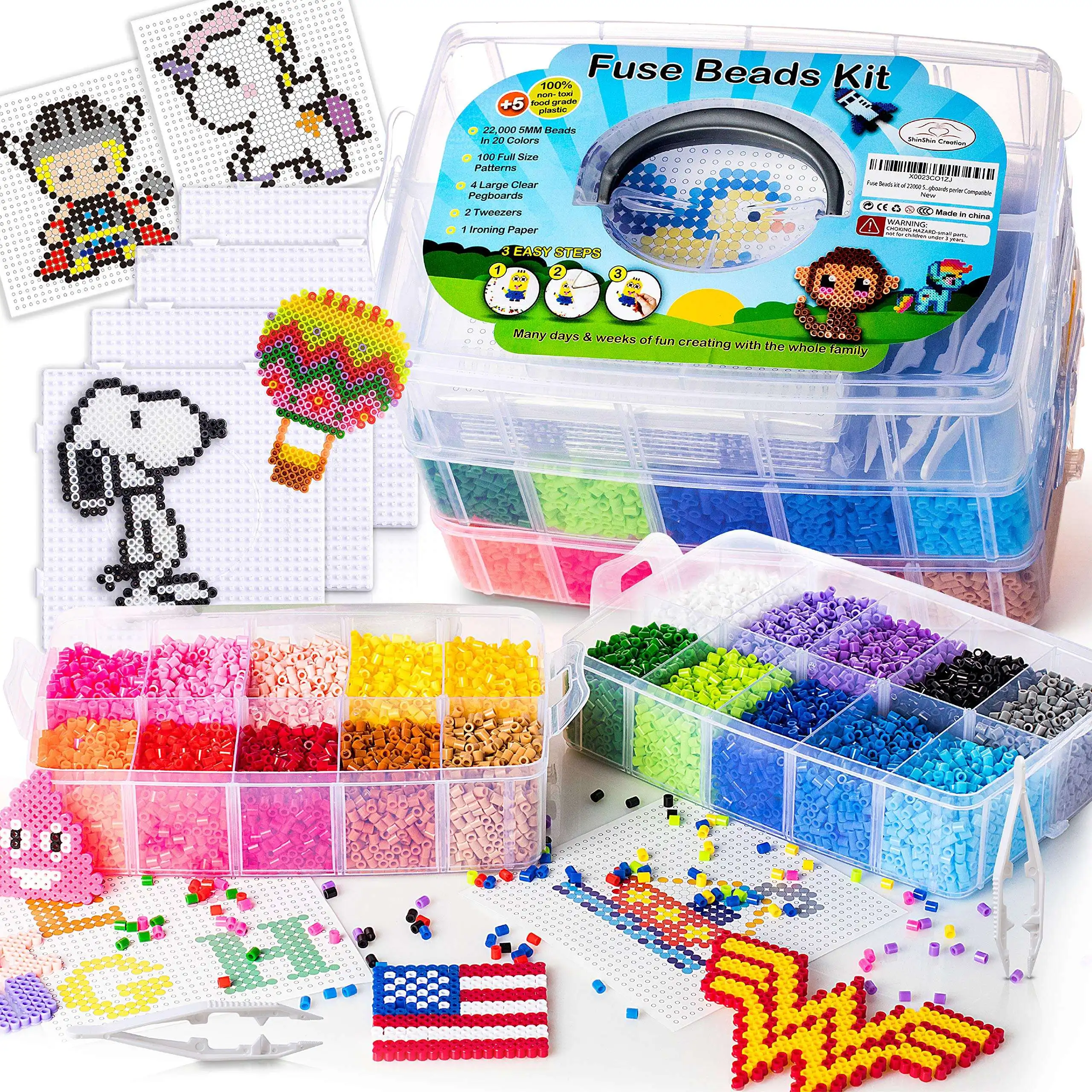 Toowl 22000PCS 5mm Colorful Bucket Kids DIY Educational Crafts Toy Melting Ironing Hama Perler Fuse Beads Kit