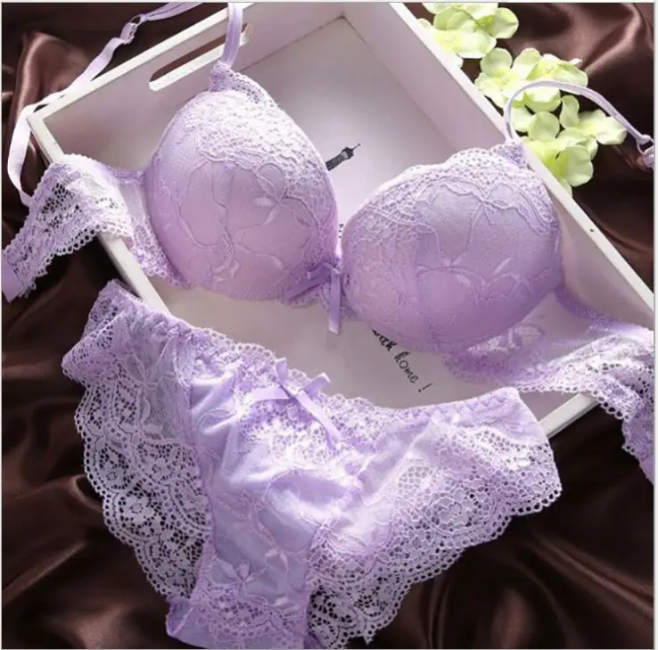 Low Price Women Fashion 2 Piece Solid sexy Transparent Lace Underwire bras Push Up Underwear Panty Bra Brief Set