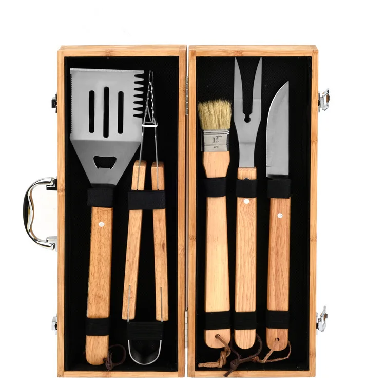 Kit Barbecue tool Wooden bamboo handle 5 stainless steel barbecue tool sets with wooden box