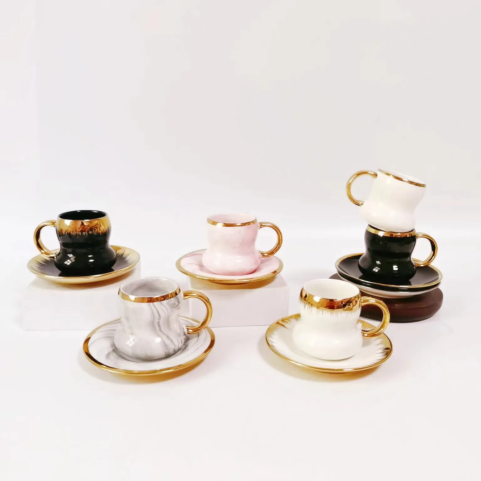 European Gold Plated Coffee Cup Saucer Set Tea Set Marbled 6 Cups 6 Saucers Gift Cups
