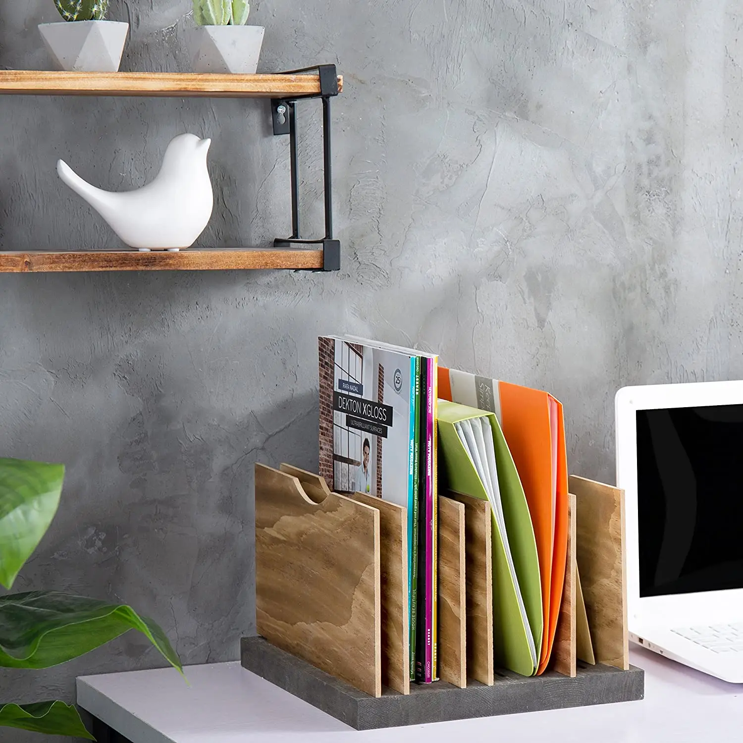 Bamboo Office Desk File Mail Organizer, 5 Slots Wood Desktop File Folder Sorter for Document Letter Envelop/ Mail/ Paper