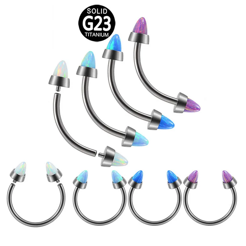 G23 Titanium Curved Rod Opal Pointed Cone Internal Thread Horseshoe Ear Bone/Lip Ring Eyebrow Nail