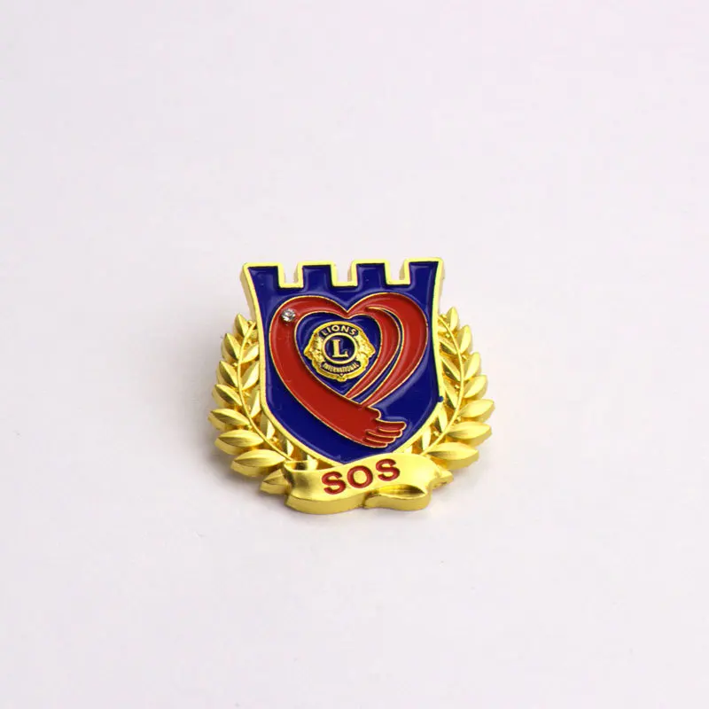 Lions club SOS lapel pin gold badge, gold plated lapel pin maker with stone
