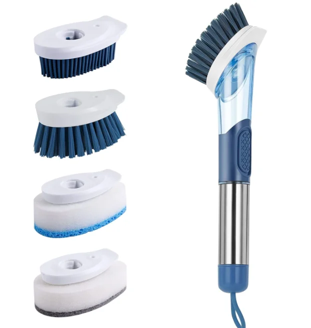 Stainless Steel Handle Soap Dispensing Dish Brush  with 4 Replacement Heads for Sink Pot