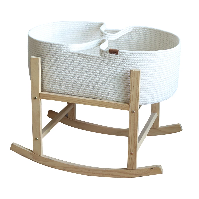 ICEBLUE HD Handmade Beige Cotton Rope Nursery Moses Basket Portable Baby Bassinet